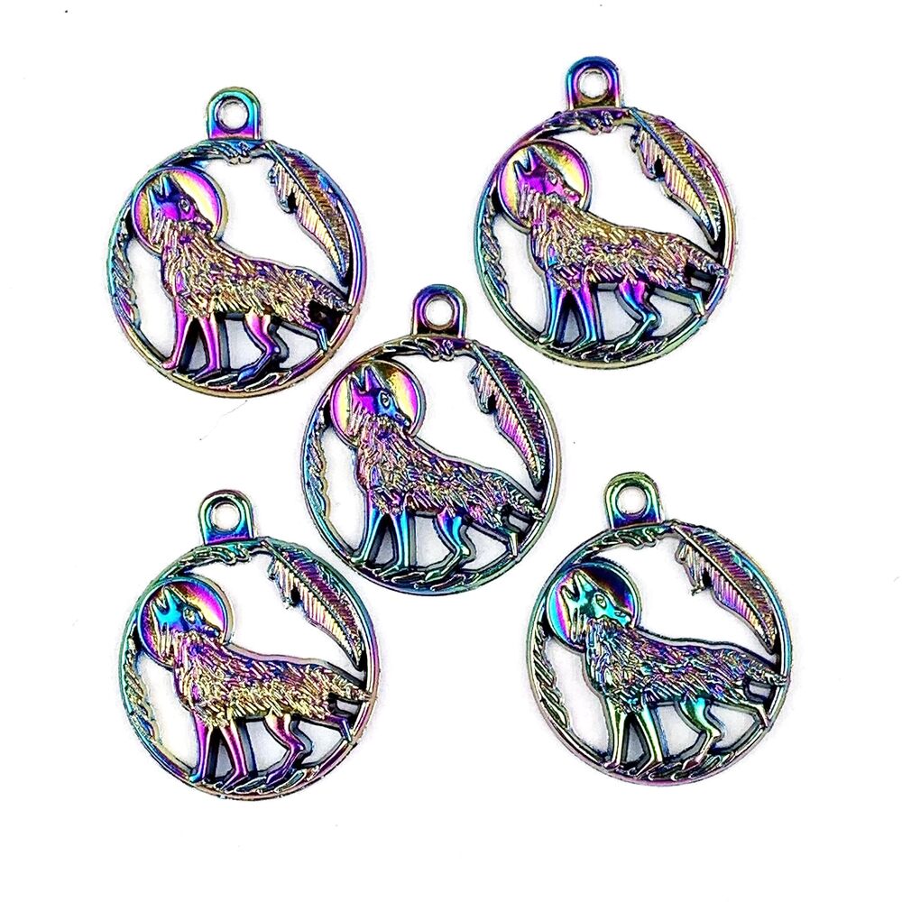 4725 5PC Rainbow Color Stainless Steel Wolf Animal Charms Pendants